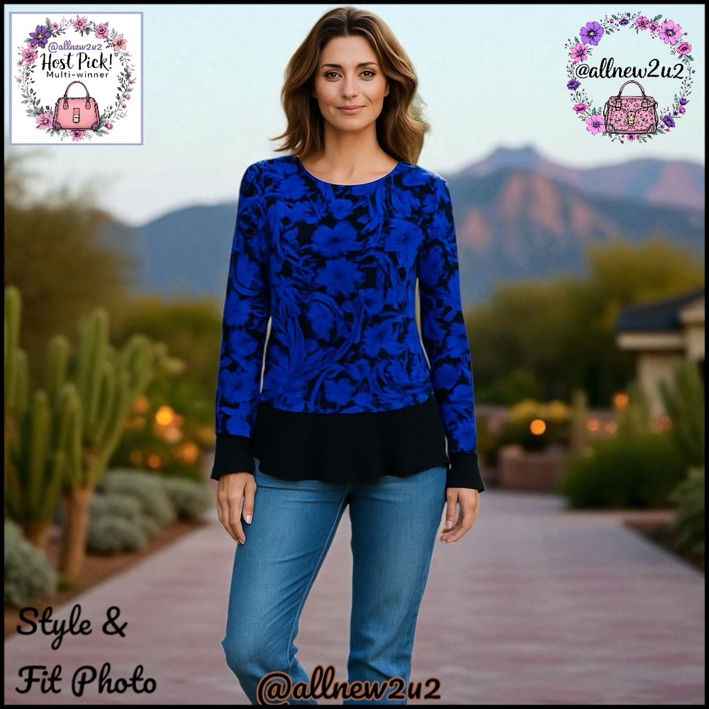 Michael Kors top, black with royal blue floral print XS